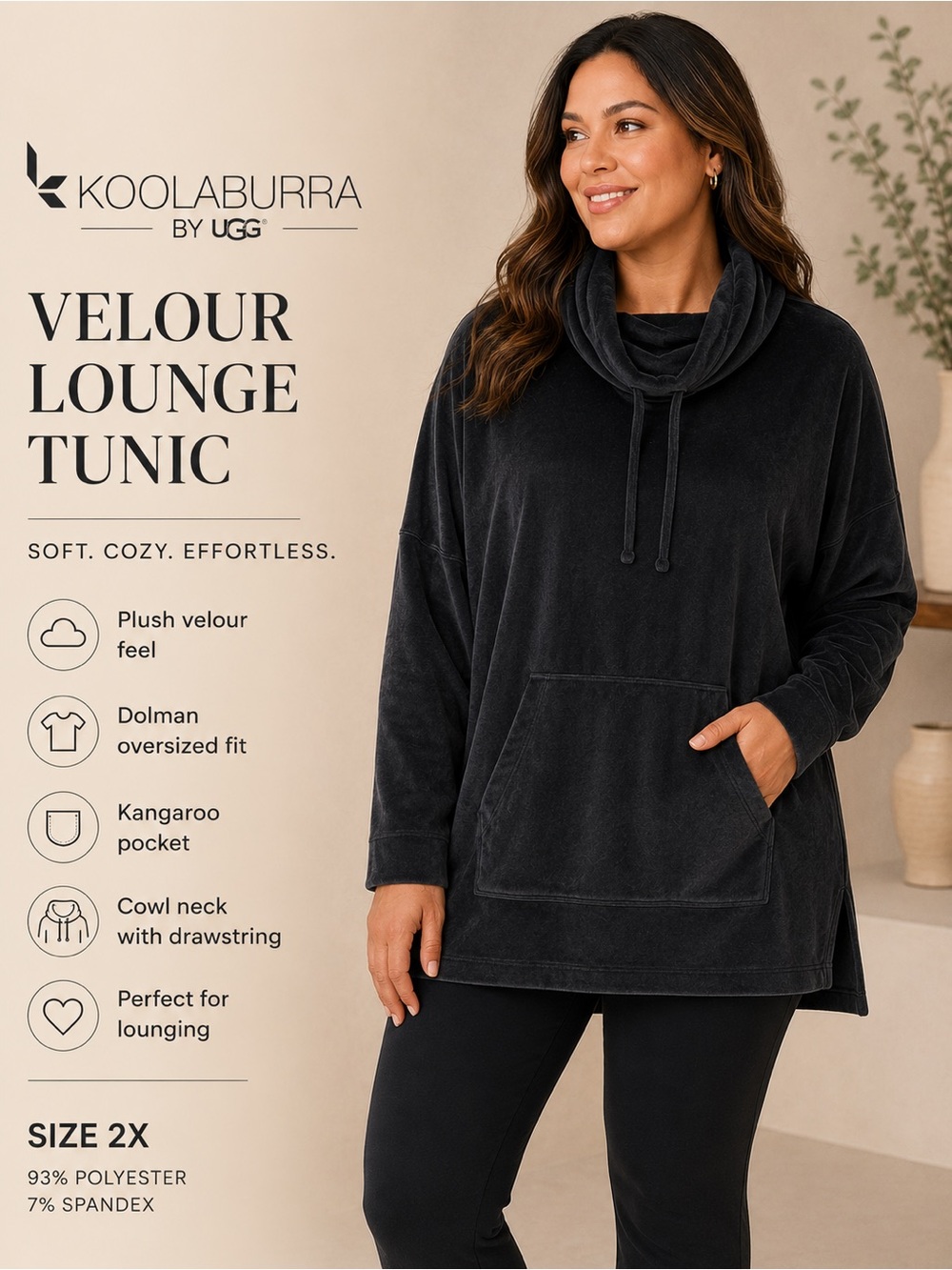 Koolaburra by UGG Velour Cowl Neck Dolman Lounge Tunic Black 2X